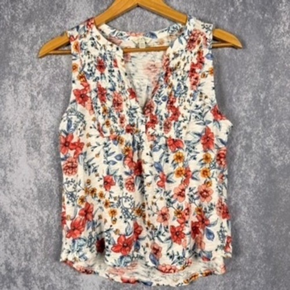 Lucky Brand Floral Smocked V-Neck Tank Top Womens Medium Multicolor